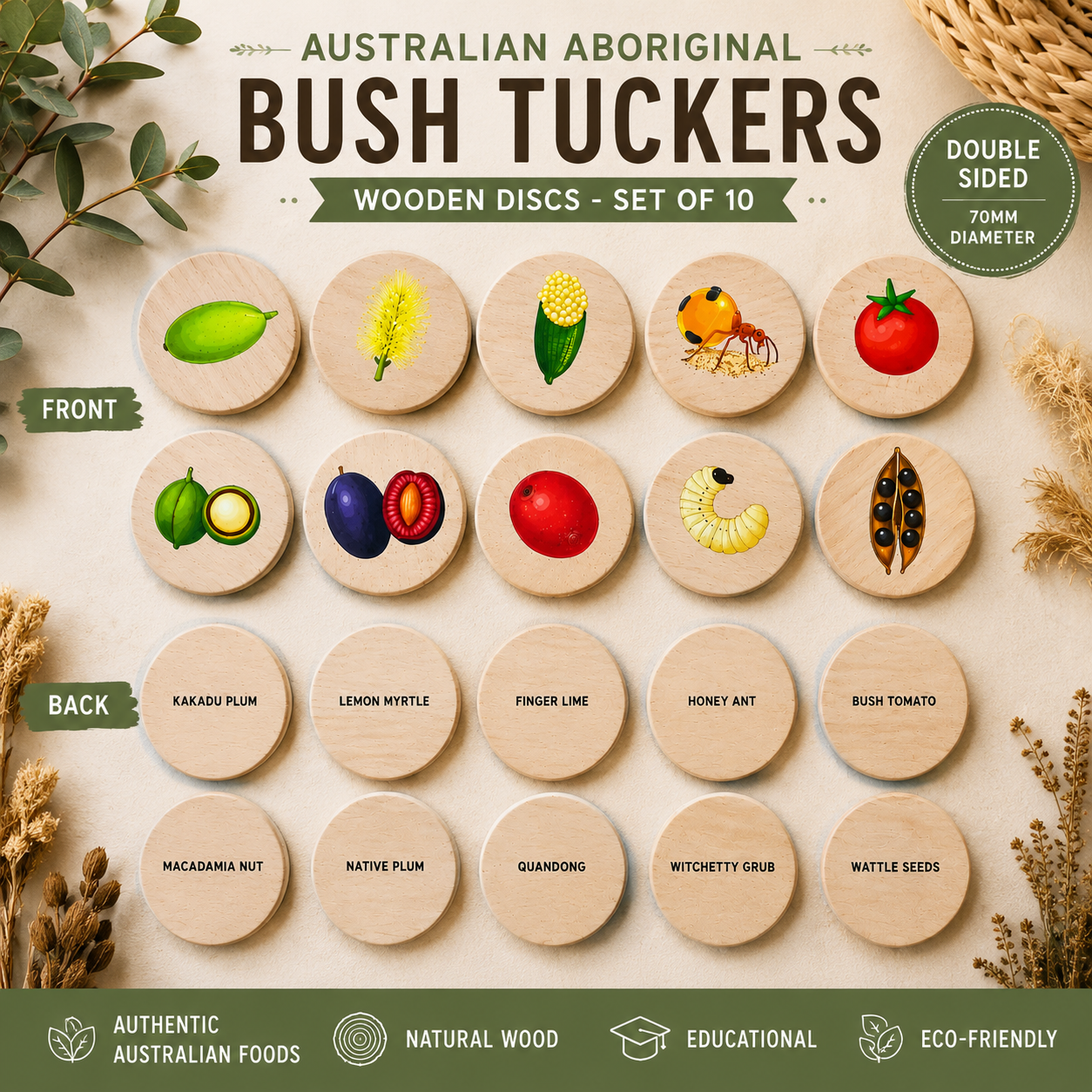 10 Pcs Australian Aboriginal NAIDOC Week Bush Tucker Food Wooden Learning Discs Childcare Materials - HAPPY GUMNUT