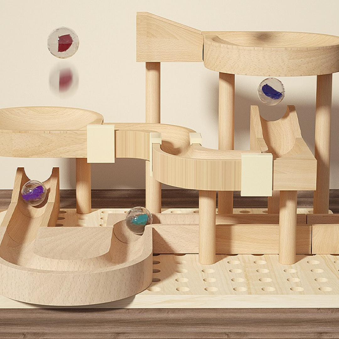 Solid Wooden Marble Run Blocks Ball Track Toy STEM Set - HAPPY GUMNUT