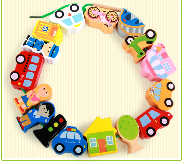 Deluxe Vehicle and Traffic Theme Wooden Beads Threading Toy