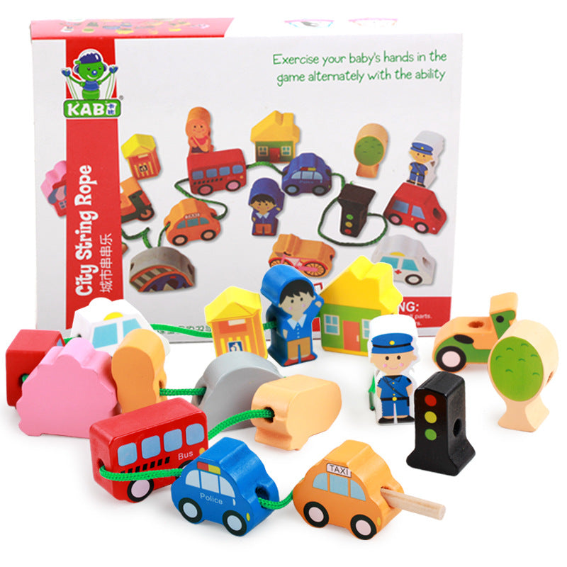 Deluxe Vehicle and Traffic Theme Wooden Beads Threading Toy