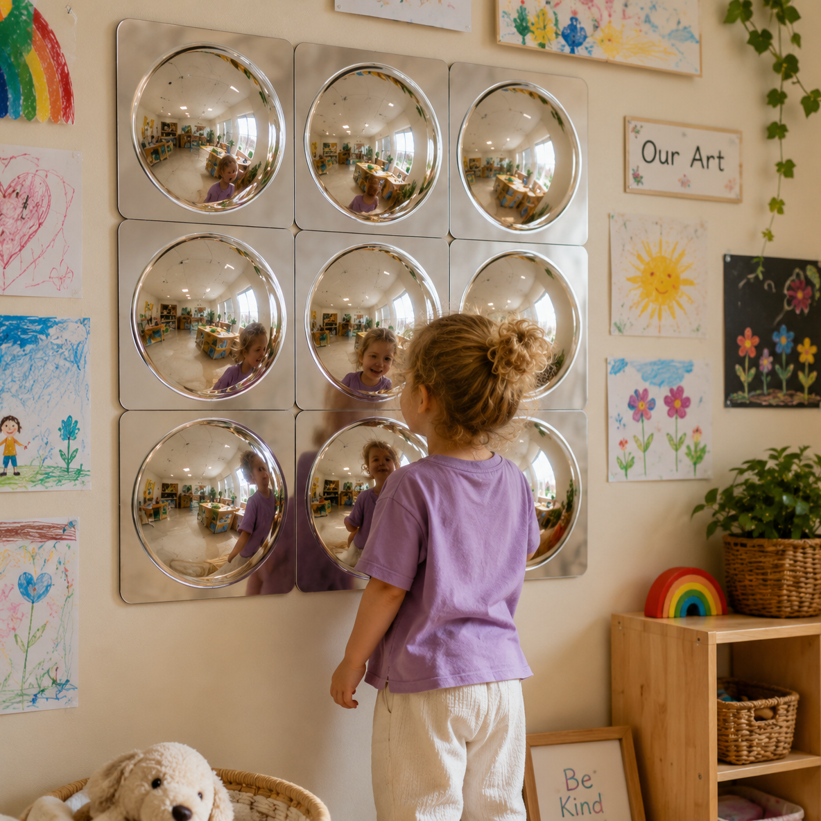 Child looking at themselves in a wall of mirrors in a classroom setting with children's artwork and toys.