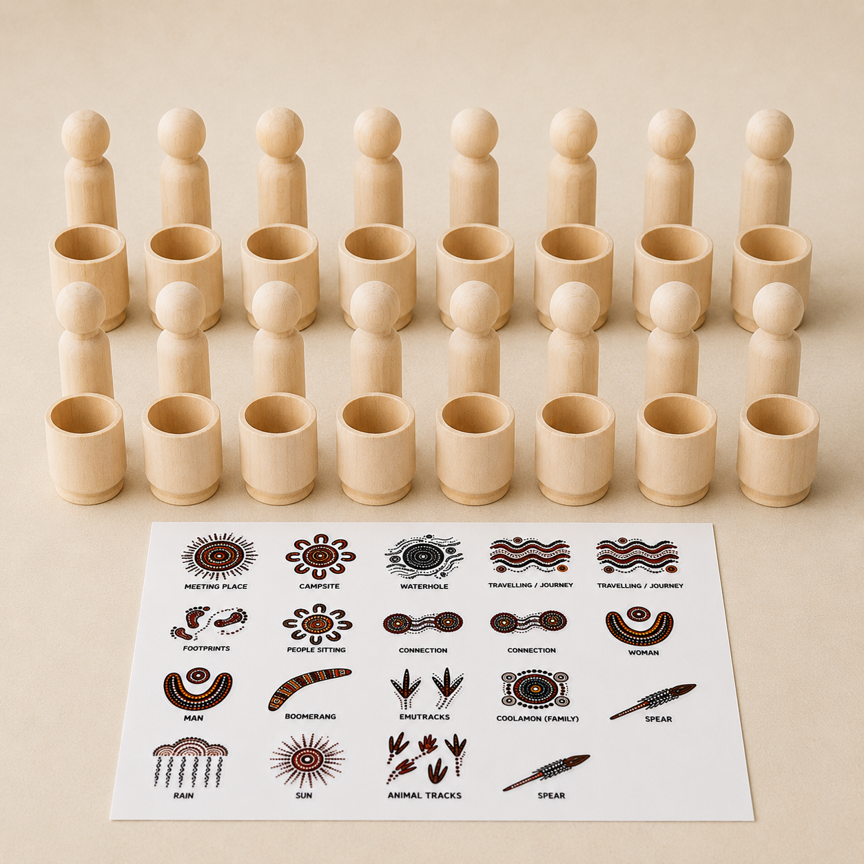 16 Aboriginal Inspired Symbol Art Wooden Peg Dolls with Meaning Cups | DIY Sticker Kit or Pre-Made | 90mm Natural Wooden Peg Dolls | Educational Toy