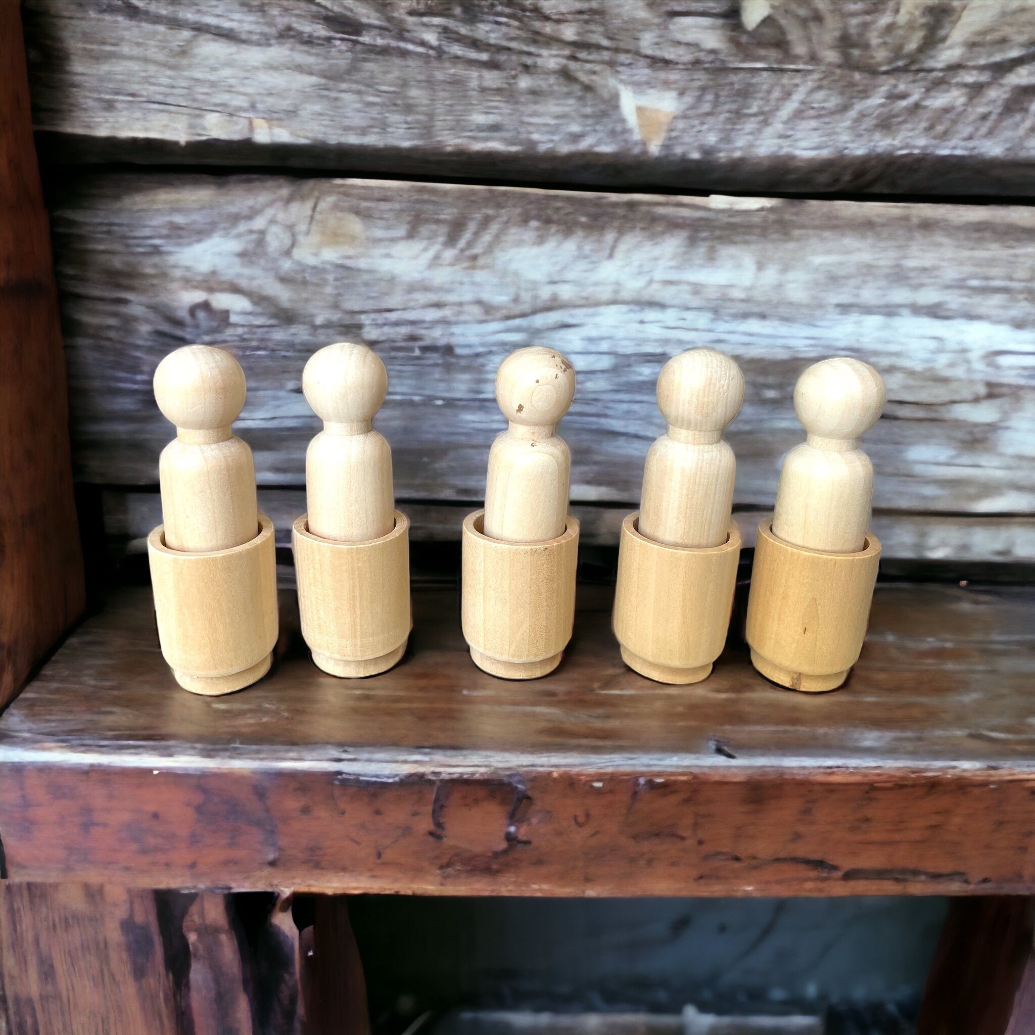Large Wooden Peg Doll with Cup Set of 5 Natural Wood DIY Loose Parts ...