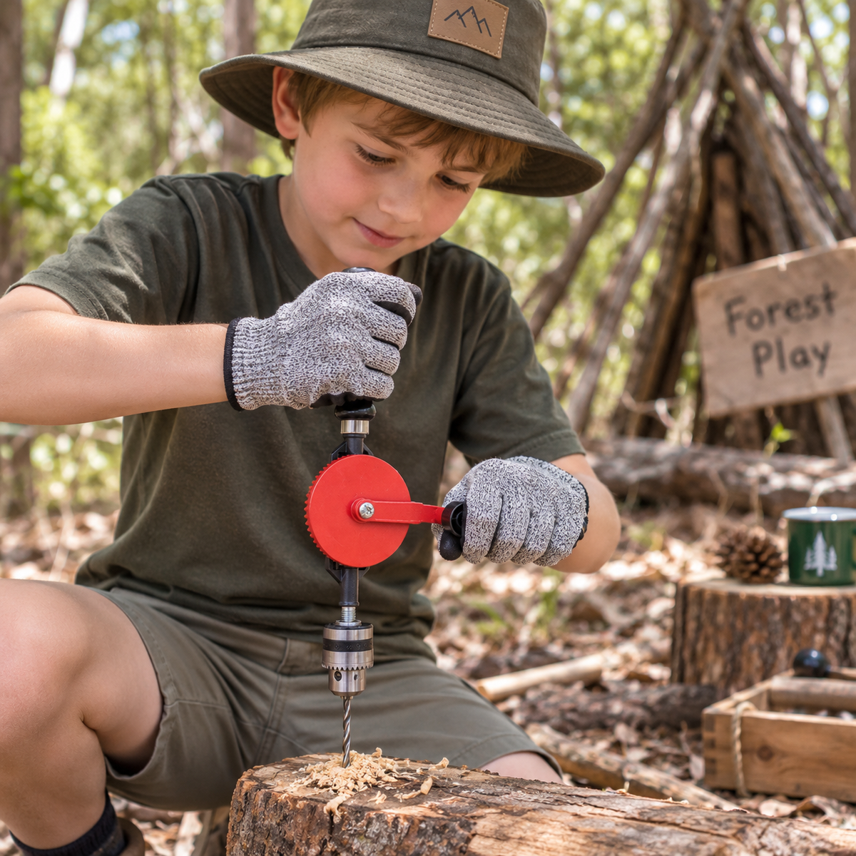Children’s Bushcraft Woodworking Kids Whittling Knife and Spinning Hand Drill Kit Camping Tool Fire Starter