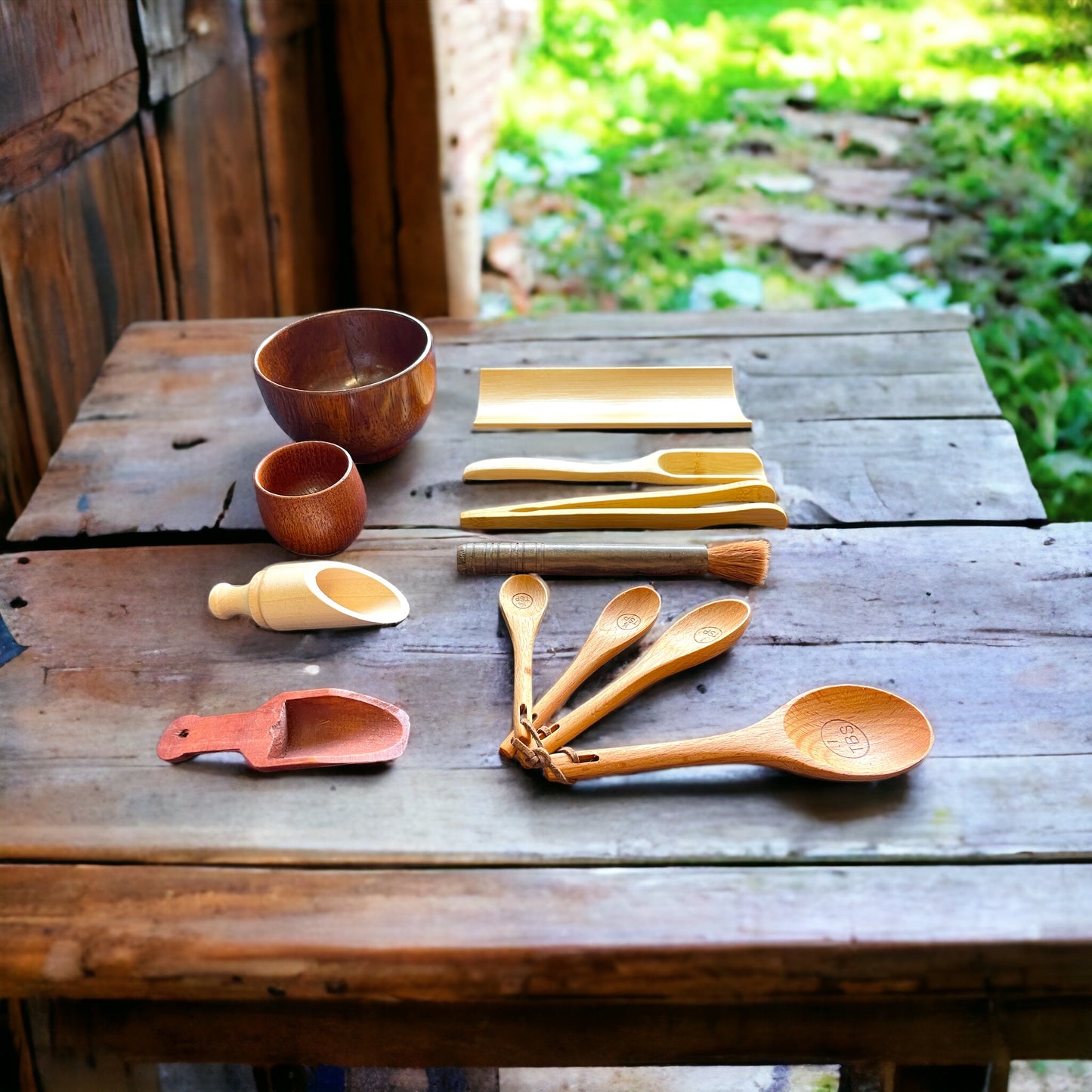 12 piece Montessori Wooden Sensory Play Bin Tools Bowl & Scoops Kit