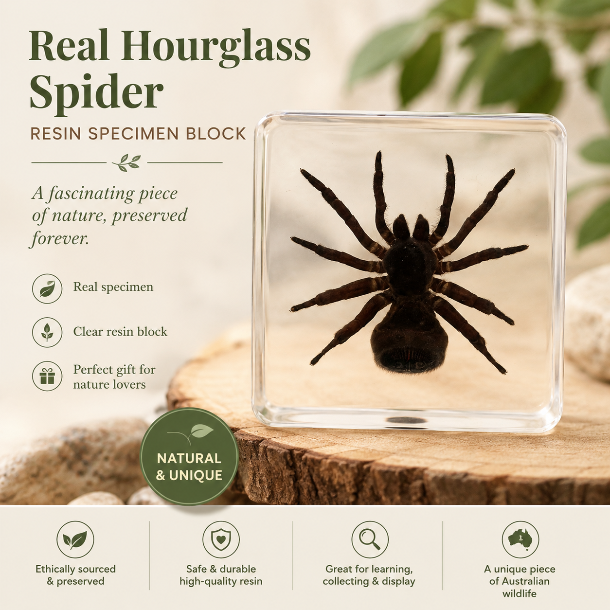 Real Spider Hour Glass Specimen  embedded in Epoxy Resin Block - HAPPY GUMNUT