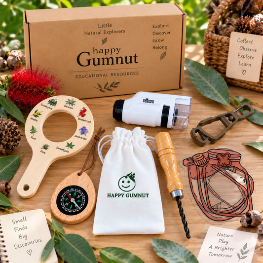Happy Gumnut Natural Explorer Tool Kit | Australian Plant Viewer | Handheld Microscope | Palm Hand Drill | Compass