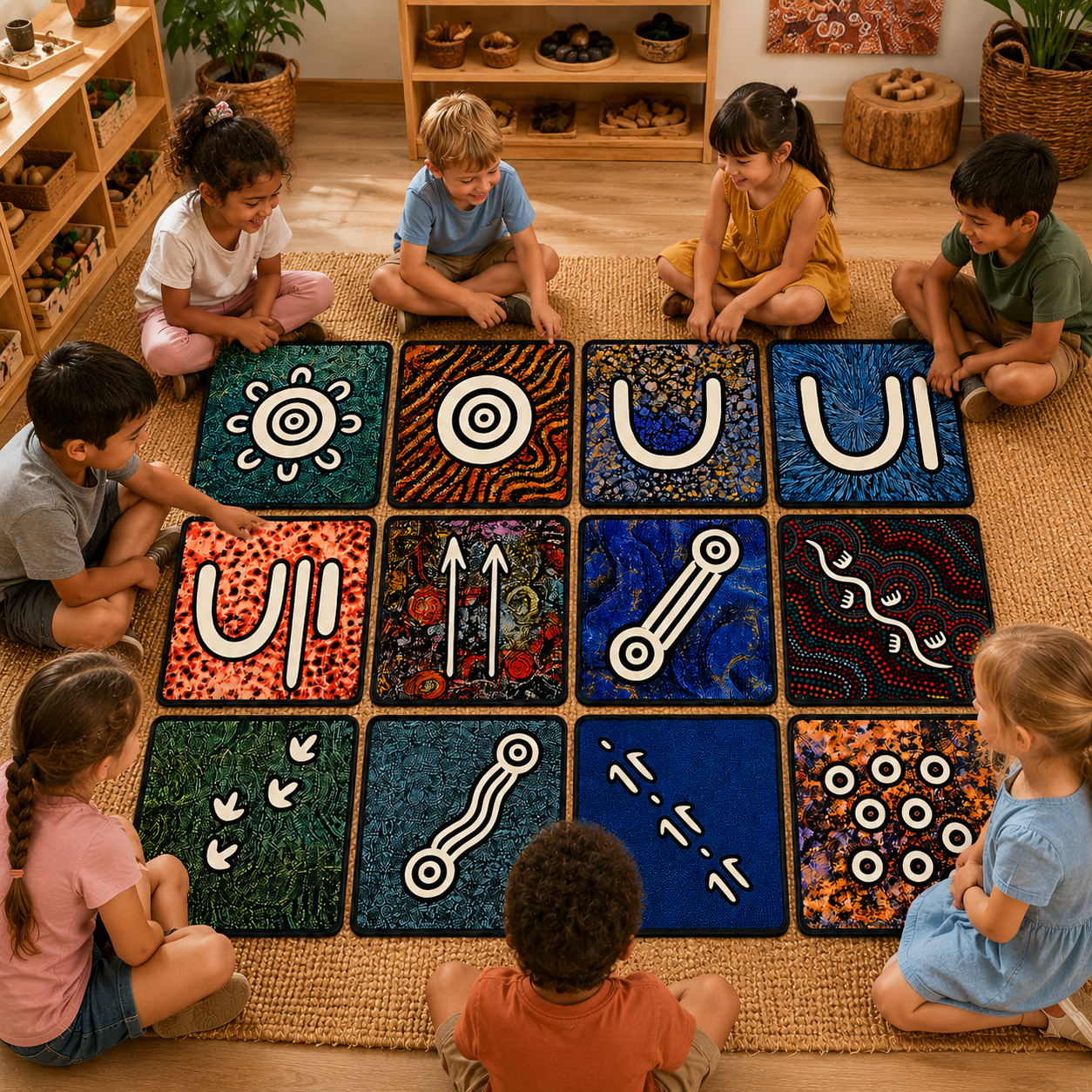 Set of 12 Australian Aboriginal Symbol Rug Matts NAIDOC Week Childcare Supplies 50cmx50cm (Set of 12) - HAPPY GUMNUT