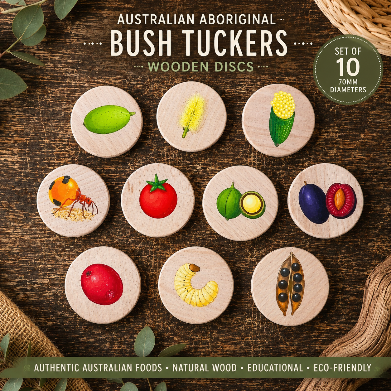 10 Pcs Australian Aboriginal NAIDOC Week Bush Tucker Food Wooden Learning Discs Childcare Materials - HAPPY GUMNUT