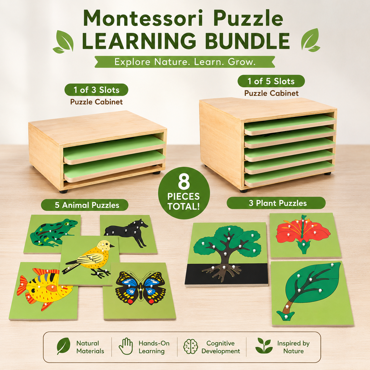 Montessori Animal or Plant Puzzles with Inset Tray Cabinet Montessori Classroom Learning Puzzle Butterfly, Fish, Bird.. - HAPPY GUMNUT