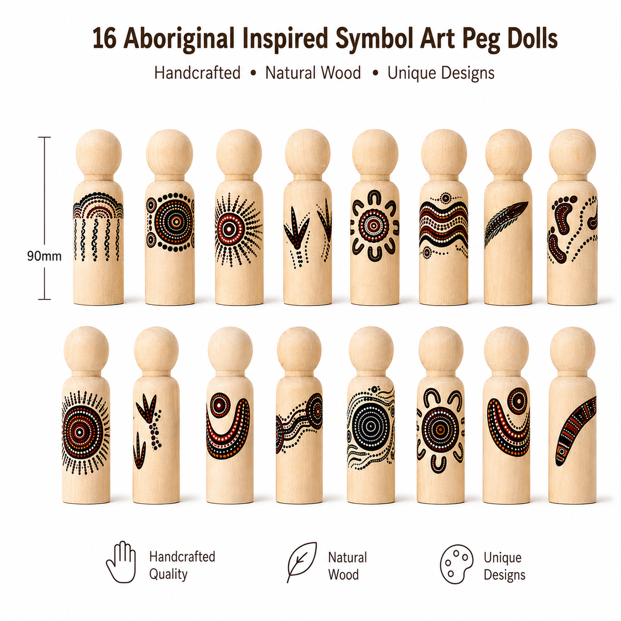 16 Aboriginal Inspired Symbol Art Wooden Peg Dolls with Meaning Cups | DIY Sticker Kit or Pre-Made | 90mm Natural Wooden Peg Dolls | Educational Toy