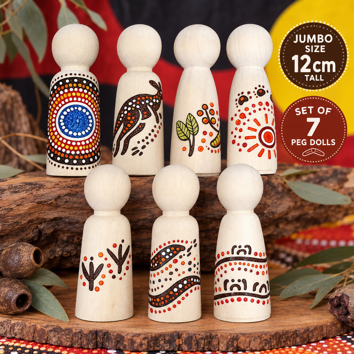 Australian Aboriginal Inspired Wooden Peg Dolls – Set of 7 (Jumbo 12cm)