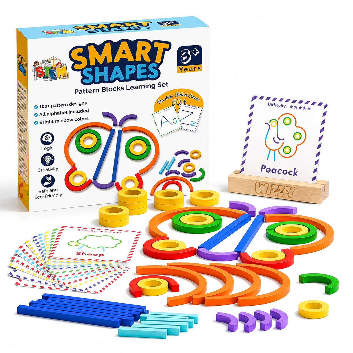 Smart Shapes Pattern Blocks Learning Set – 130 Pieces Kids Wooden Educational Toy - HAPPY GUMNUT