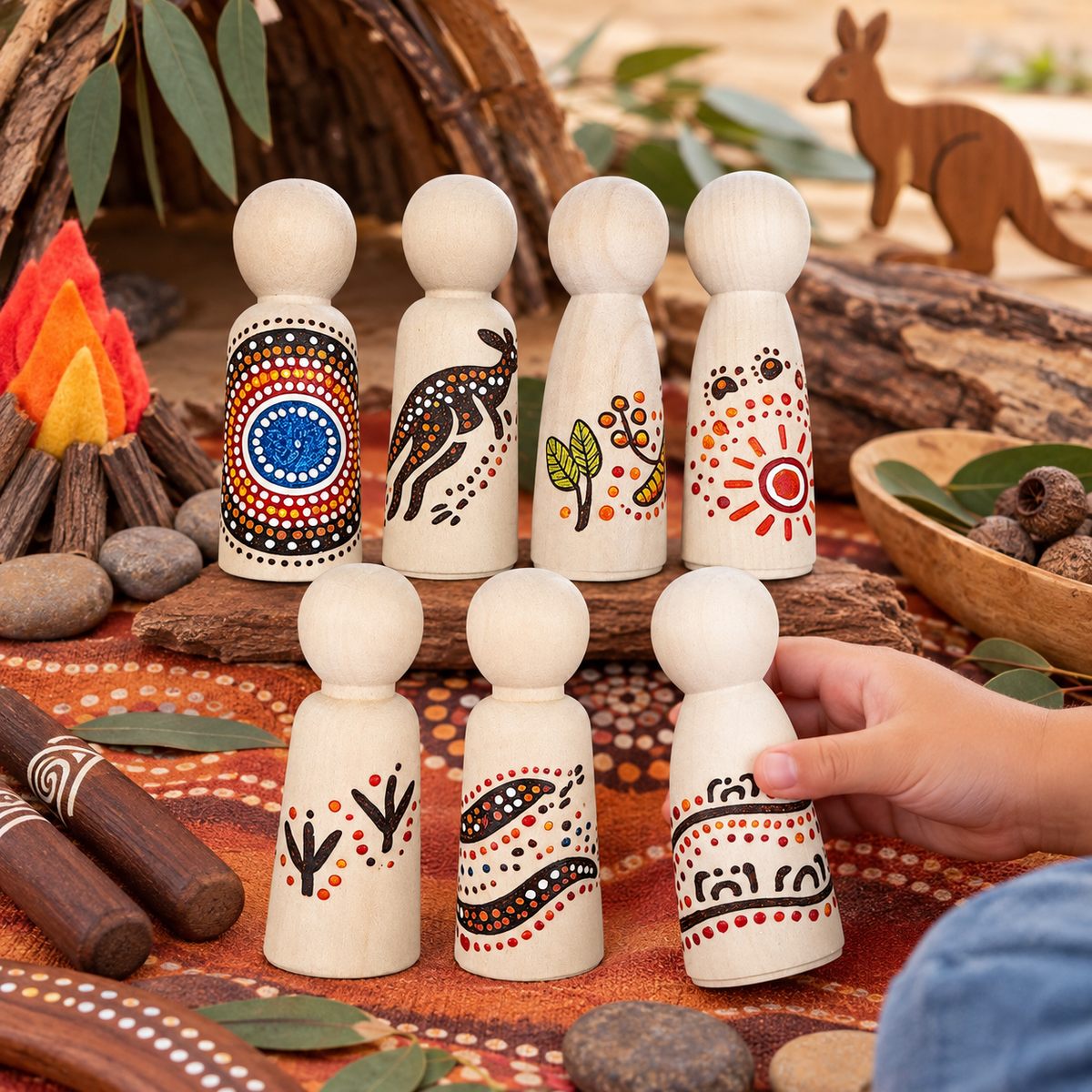 Australian Aboriginal Inspired Wooden Peg Dolls – Set of 7 (Jumbo 12cm)