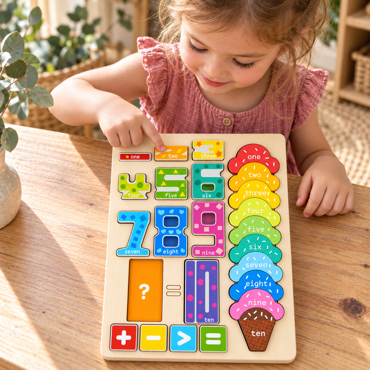 Wooden Ice Cream Number Blocks &  Counting Puzzle Kids Educational Math Learning Counting Black
