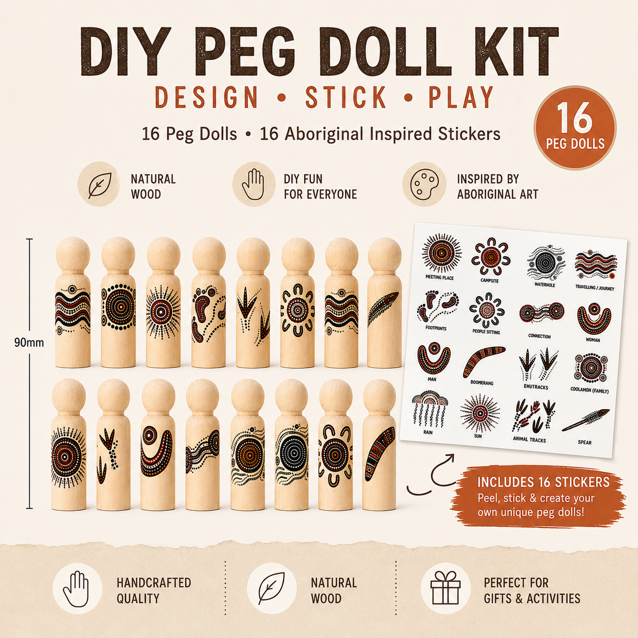 16 Aboriginal Inspired Symbol Art Wooden Peg Dolls with Meaning Cups | DIY Sticker Kit or Pre-Made | 90mm Natural Wooden Peg Dolls | Educational Toy