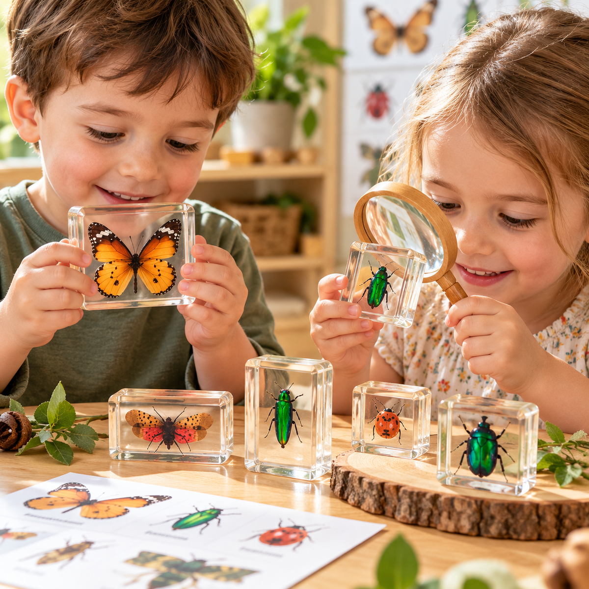 Animals Insect Butterfly Resin Epoxy Specimens 5 Beautiful Insects GIFT pack With Guide Book and Magnifying Glass