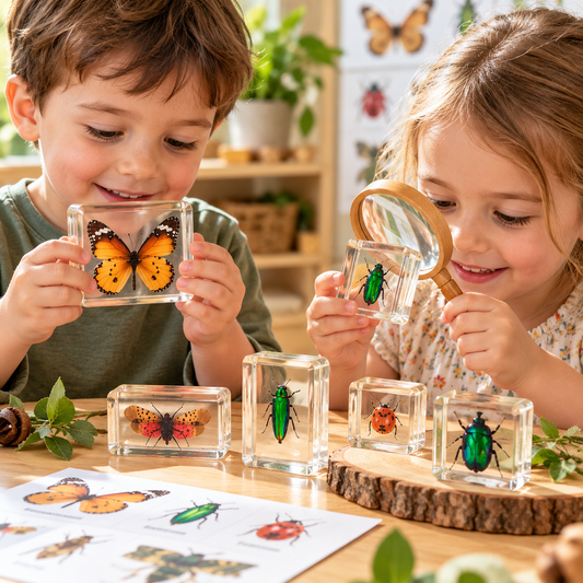 Animals Insect Butterfly Resin Epoxy Specimens 5 Beautiful Insects GIFT pack With Guide Book and Magnifying Glass