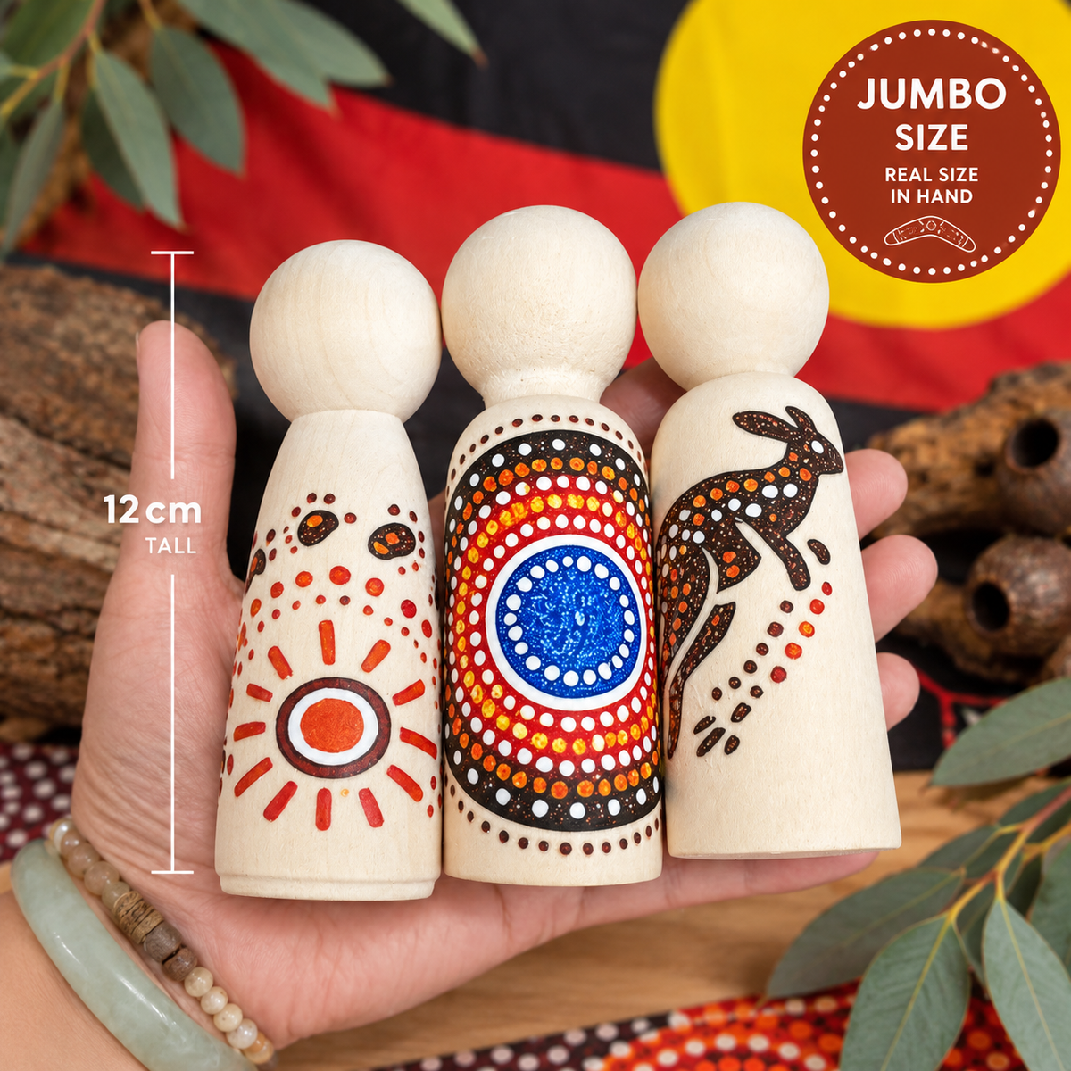 Australian Aboriginal Inspired Wooden Peg Dolls – Set of 7 (Jumbo 12cm)