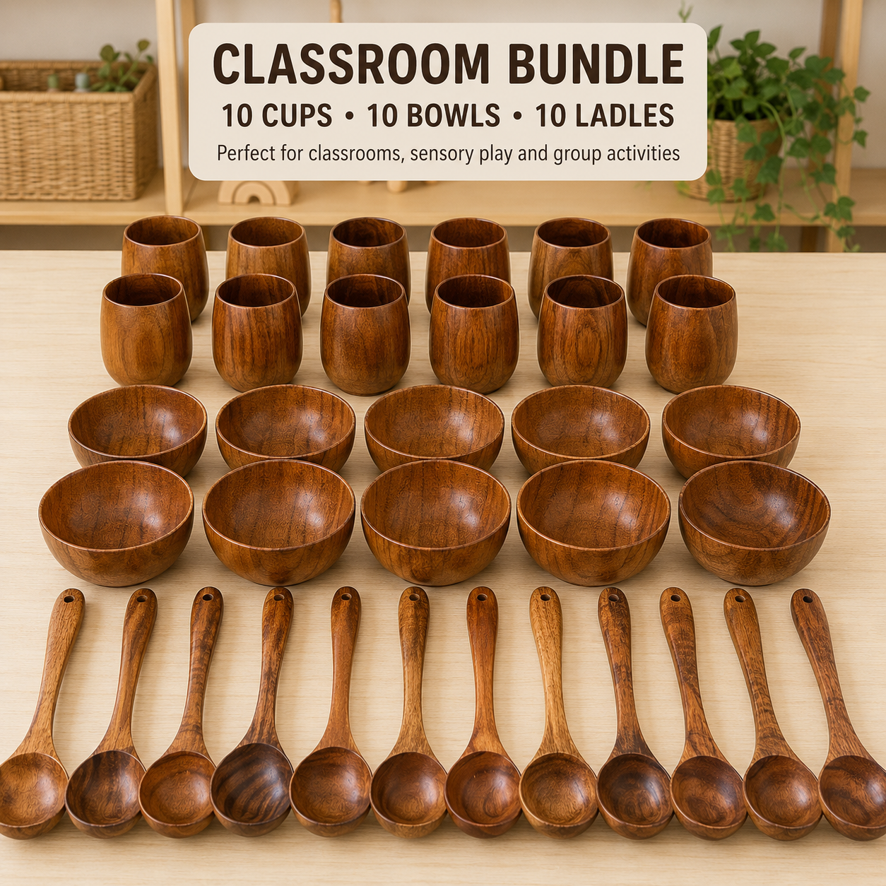 30 Pieces Wooden Bowls Cups and Ladles Kitchen Playset Classroom Bundle - HAPPY GUMNUT