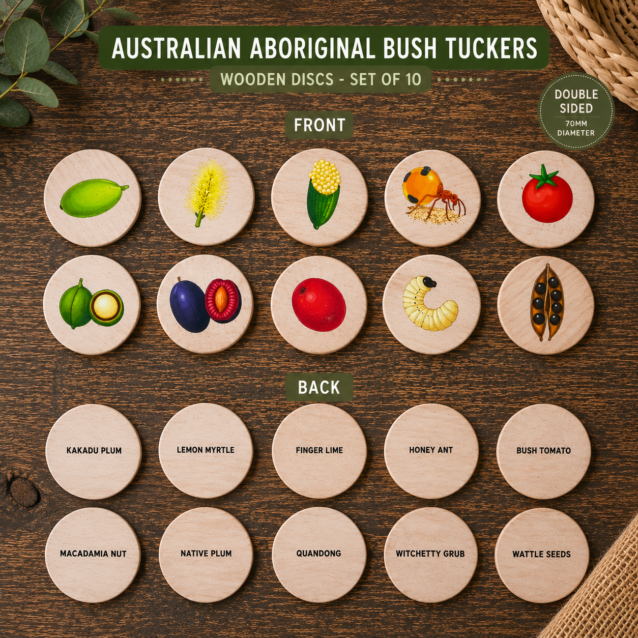10 Pcs Australian Aboriginal NAIDOC Week Bush Tucker Food Wooden Learning Discs Childcare Materials - HAPPY GUMNUT