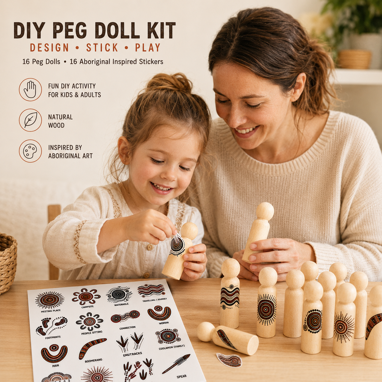 16 Aboriginal Inspired Symbol Art Wooden Peg Dolls with Meaning Cups | DIY Sticker Kit or Pre-Made | 90mm Natural Wooden Peg Dolls | Educational Toy