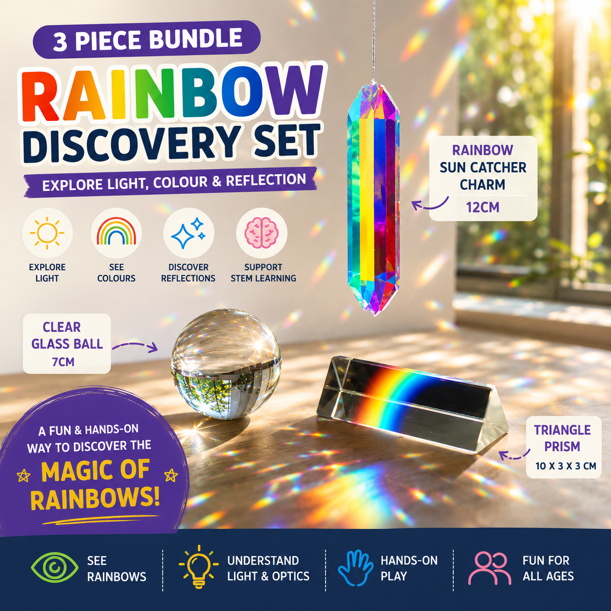 Educational Optical Glass Triple Triangular Prism 10cm  Rainbow Sun Catcher Discovery Set - HAPPY GUMNUT