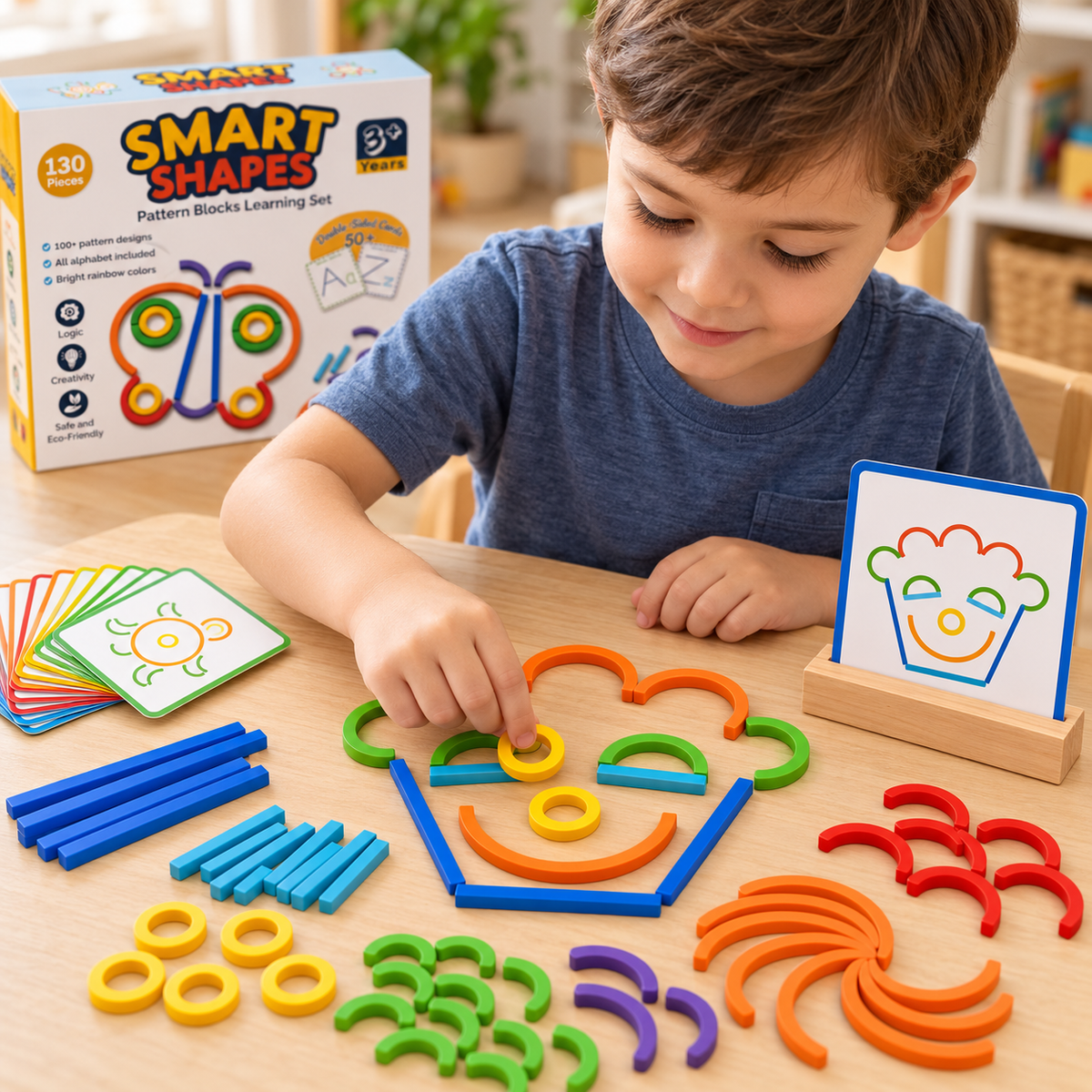 Smart Shapes Pattern Blocks Learning Set – 130 Pieces Kids Wooden Educational Toy - HAPPY GUMNUT