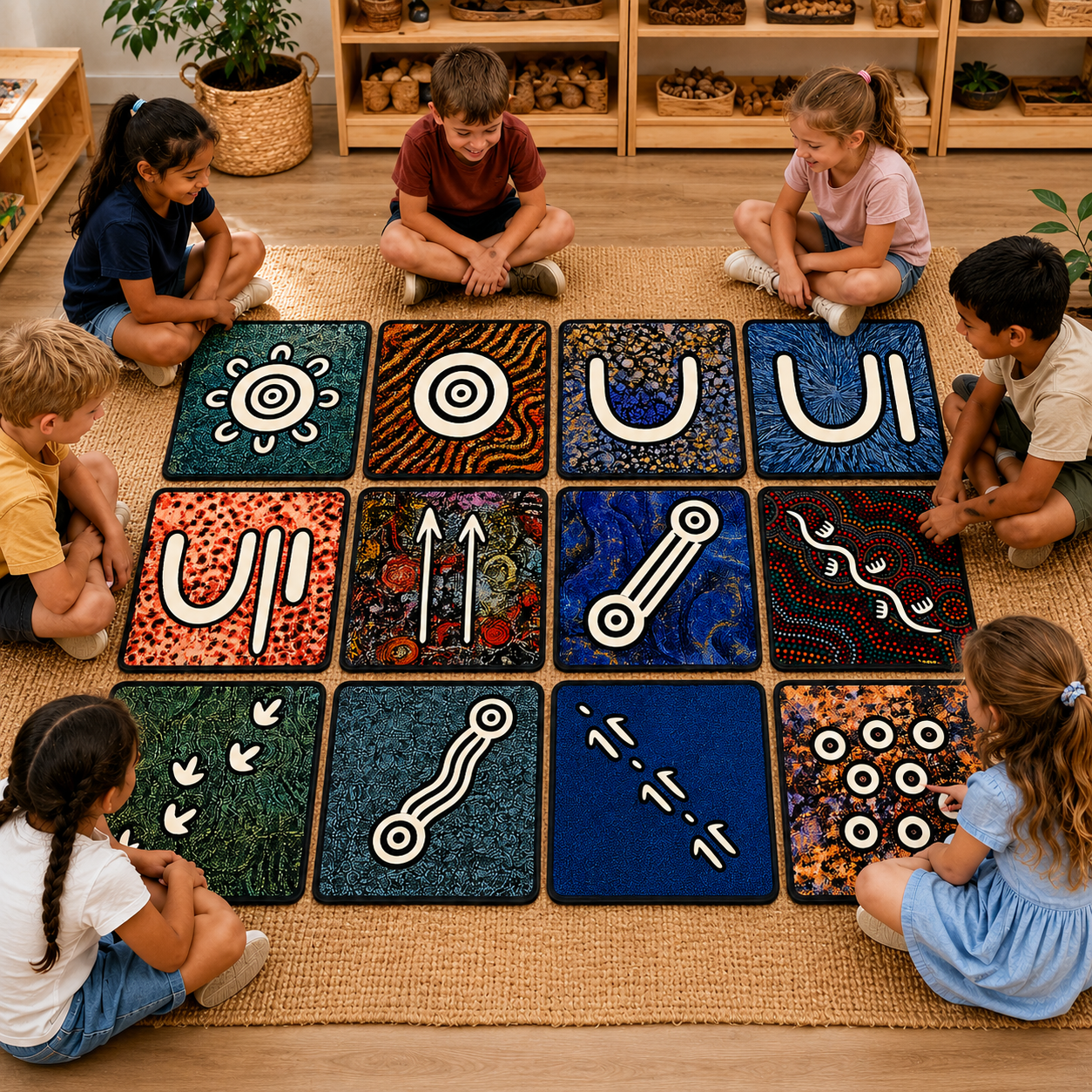 Set of 12 Australian Aboriginal Symbol Rug Matts NAIDOC Week Childcare Supplies 50cmx50cm (Set of 12) - HAPPY GUMNUT