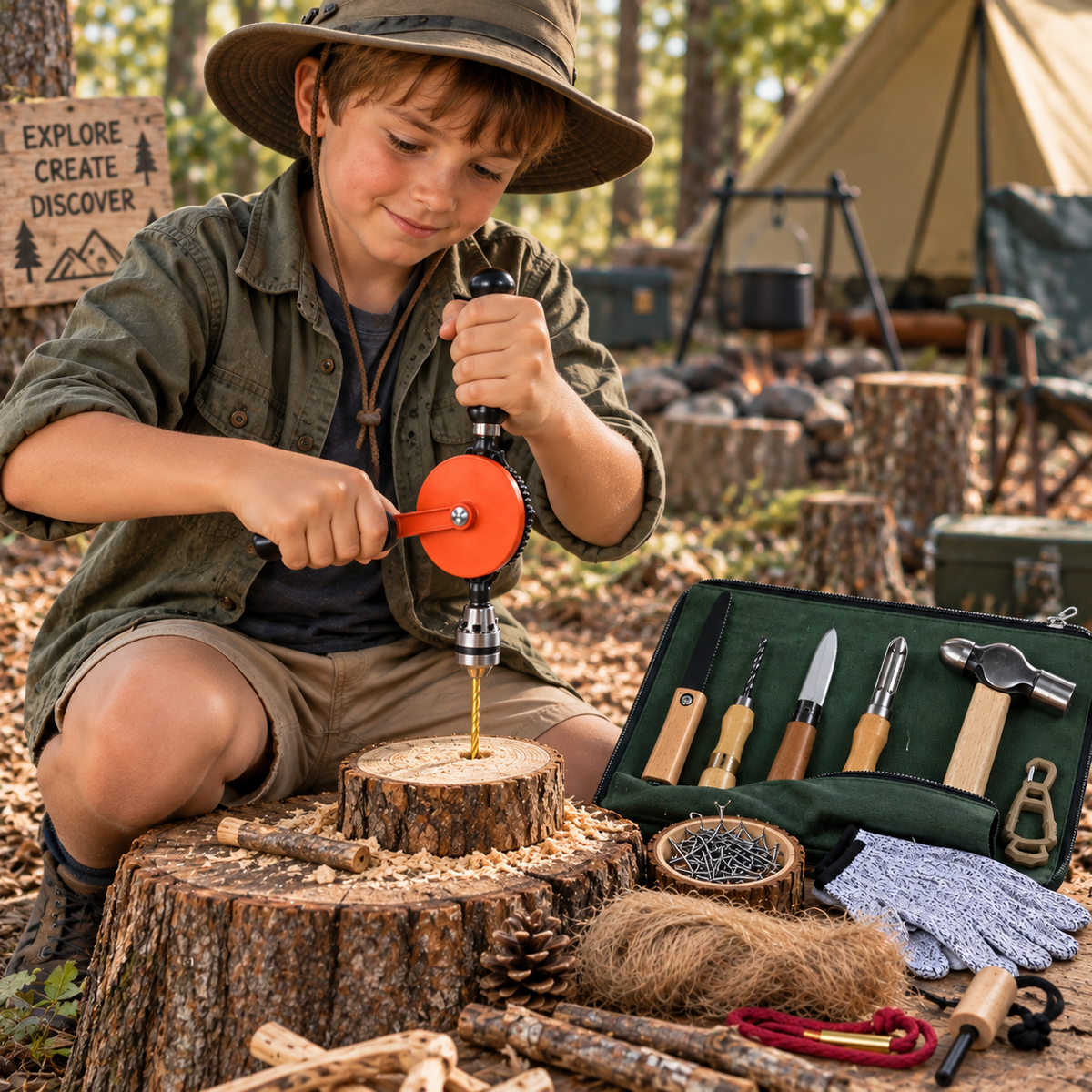 Children’s Bushcraft Woodworking Kids Whittling Knife and Spinning Hand Drill Kit Camping Tool Fire Starter