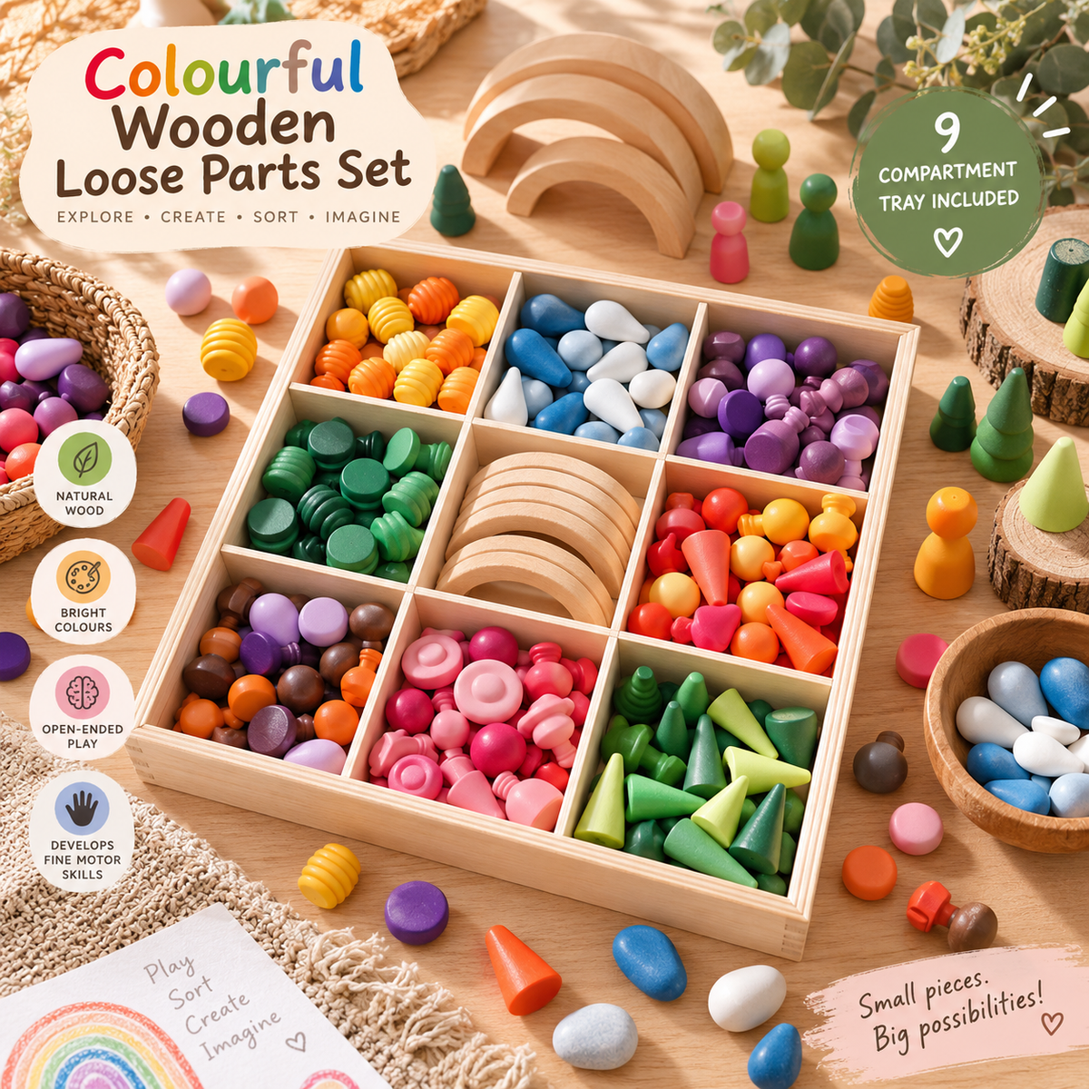 Wooden Rainbow Colour Mandala Loose Parts Set Assorted Styles - HAPPY GUMNUT