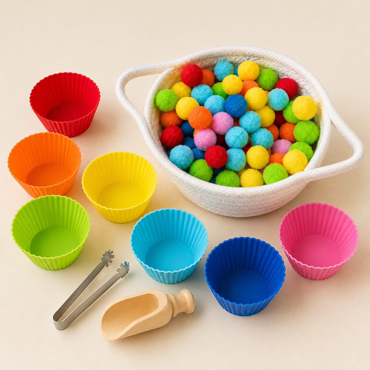 Montessori Kids Pom Poms Transfer Activity Colour Ball in a Basket Sorting Game - HAPPY GUMNUT