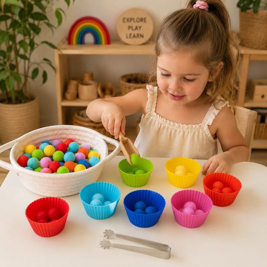Montessori Kids Pom Poms Transfer Activity Colour Ball in a Basket Sorting Game - HAPPY GUMNUT