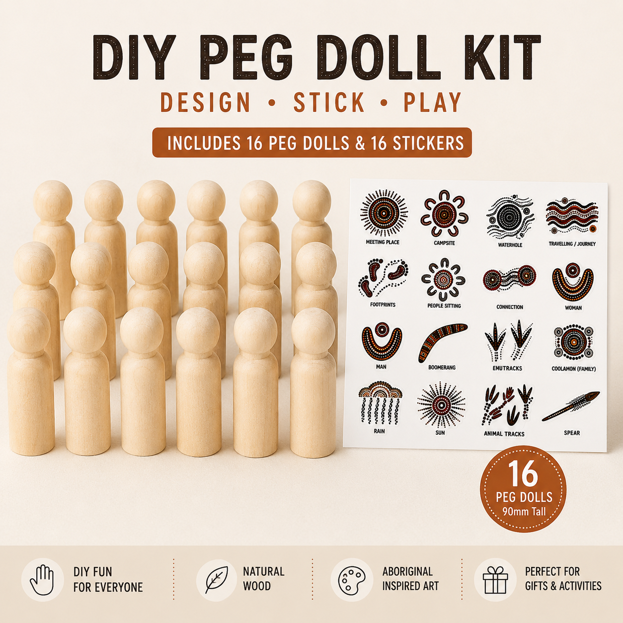 16 Aboriginal Inspired Symbol Art Wooden Peg Dolls with Meaning Cups | DIY Sticker Kit or Pre-Made | 90mm Natural Wooden Peg Dolls | Educational Toy