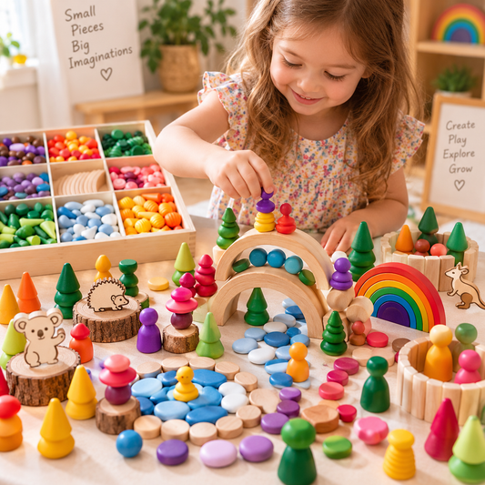 Wooden Rainbow Colour Mandala Loose Parts Set Assorted Styles - HAPPY GUMNUT