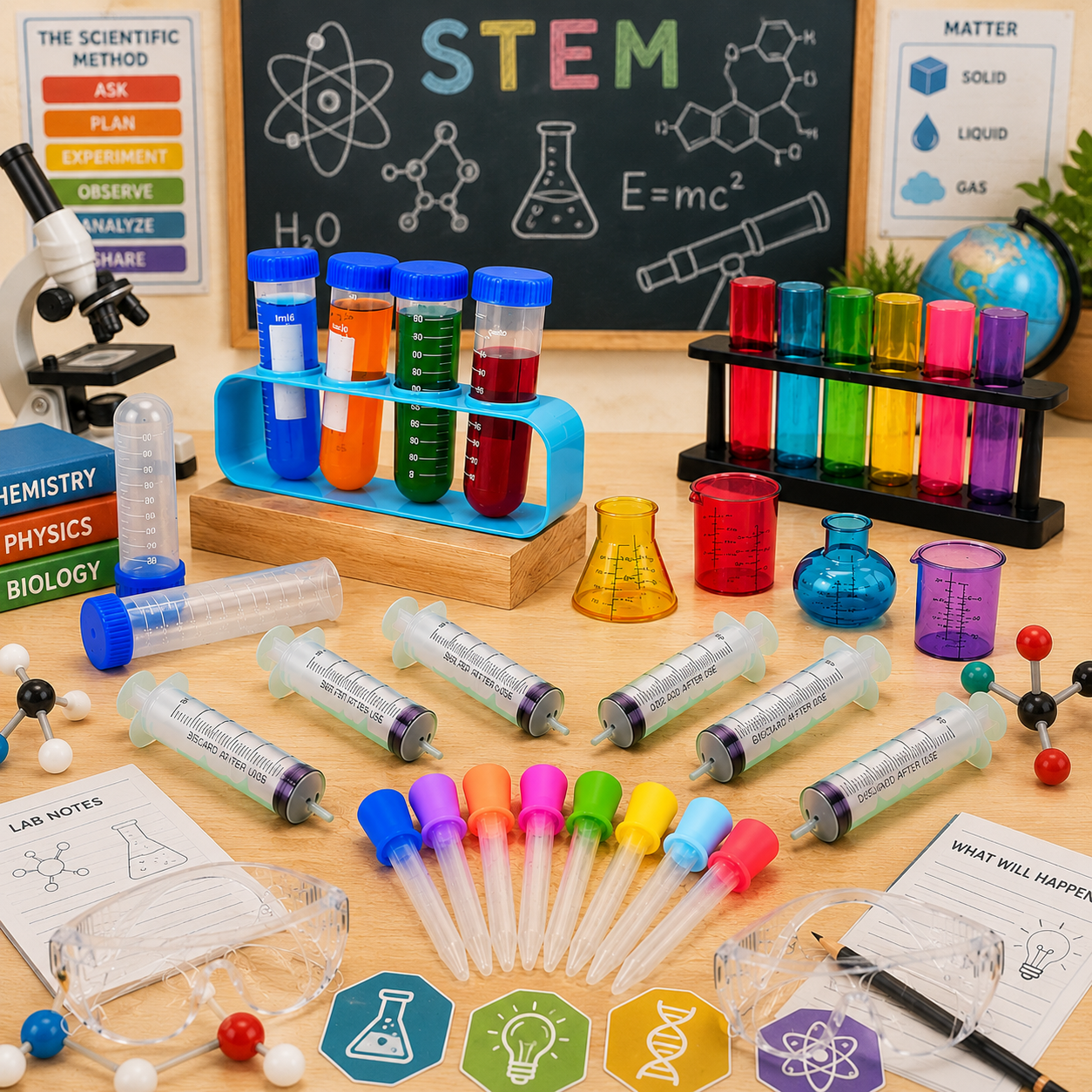 Children Fluro Rainbow Liquid Droppers Test Tubes Droppers syringes Beakers and Protection Goggles Chemistry Bundle Set - HAPPY GUMNUT