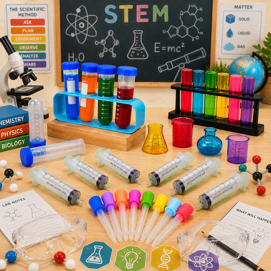 Children Fluro Rainbow Liquid Droppers Test Tubes Droppers syringes Beakers and Protection Goggles Chemistry Bundle Set - HAPPY GUMNUT