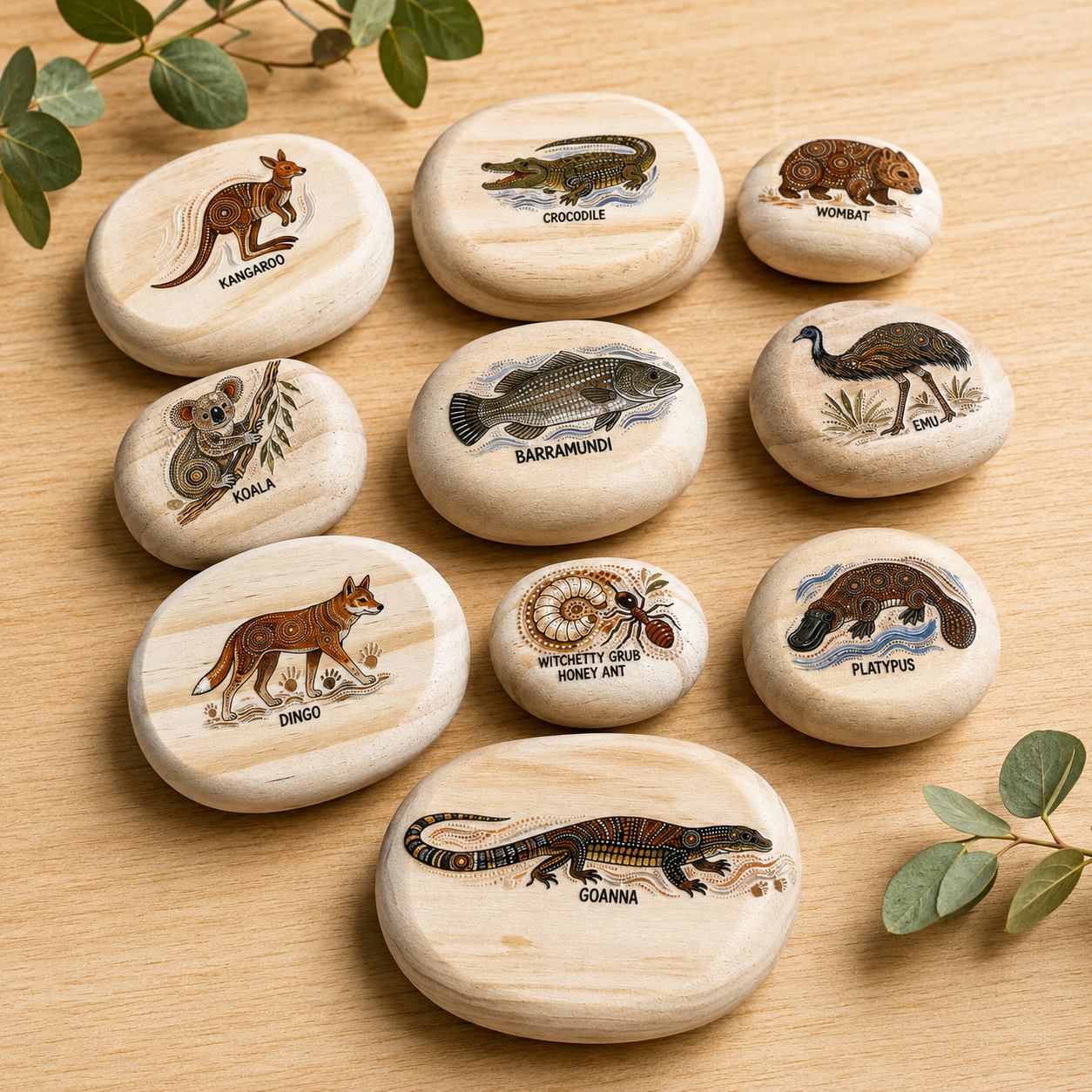 Australian Animals Set of 10 Wooden Pebble Blocks with Aboriginal Inspired Art NAIDOC Week Childcare Learning Materials