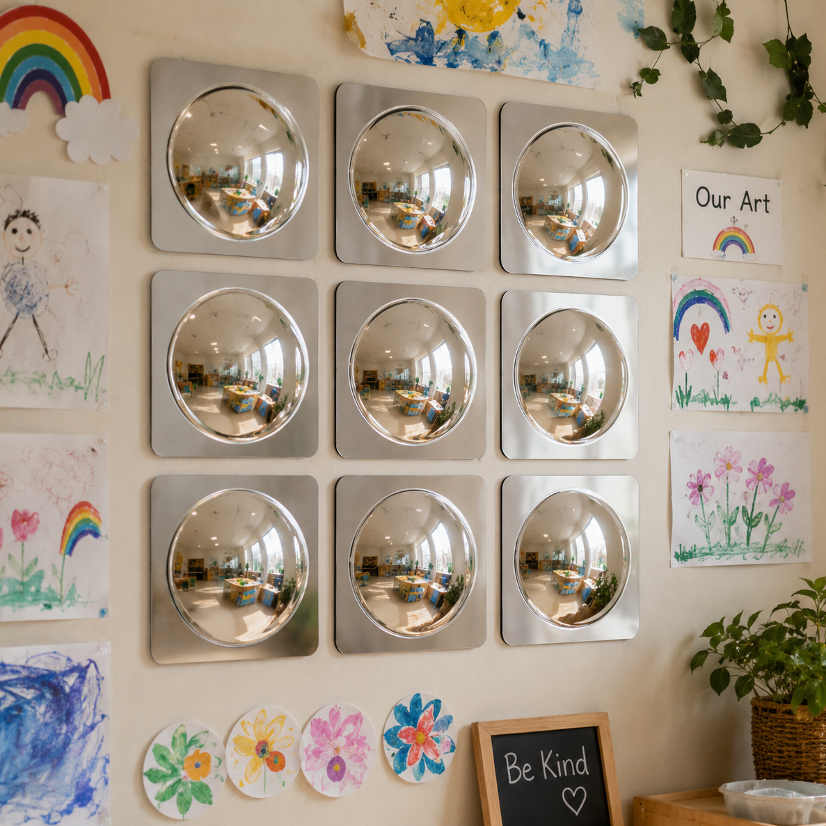 Children's artwork displayed on a wall with sensory bubble mirrors