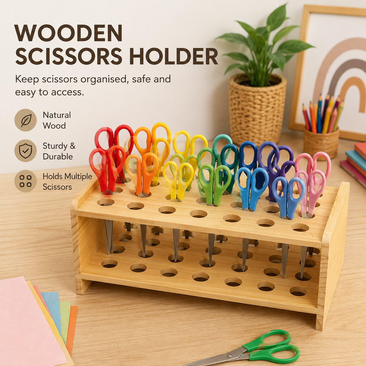 Wooden Scissor Storage Holder Organiser Tray 35 Holes Slot Childcare Supplies - HAPPY GUMNUT