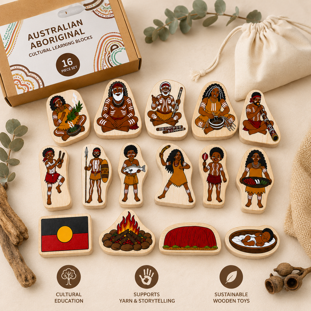 Australian Aboriginal Cultural Learning Blocks | 16 Piece Wooden Storytelling & Educational Set