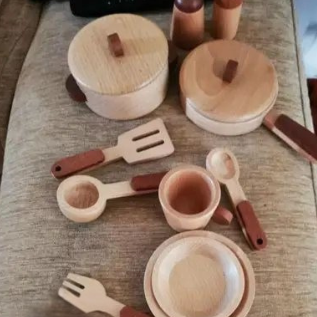 Wooden Kitchen Utensil  & Cookware Roleplay Toy Play set