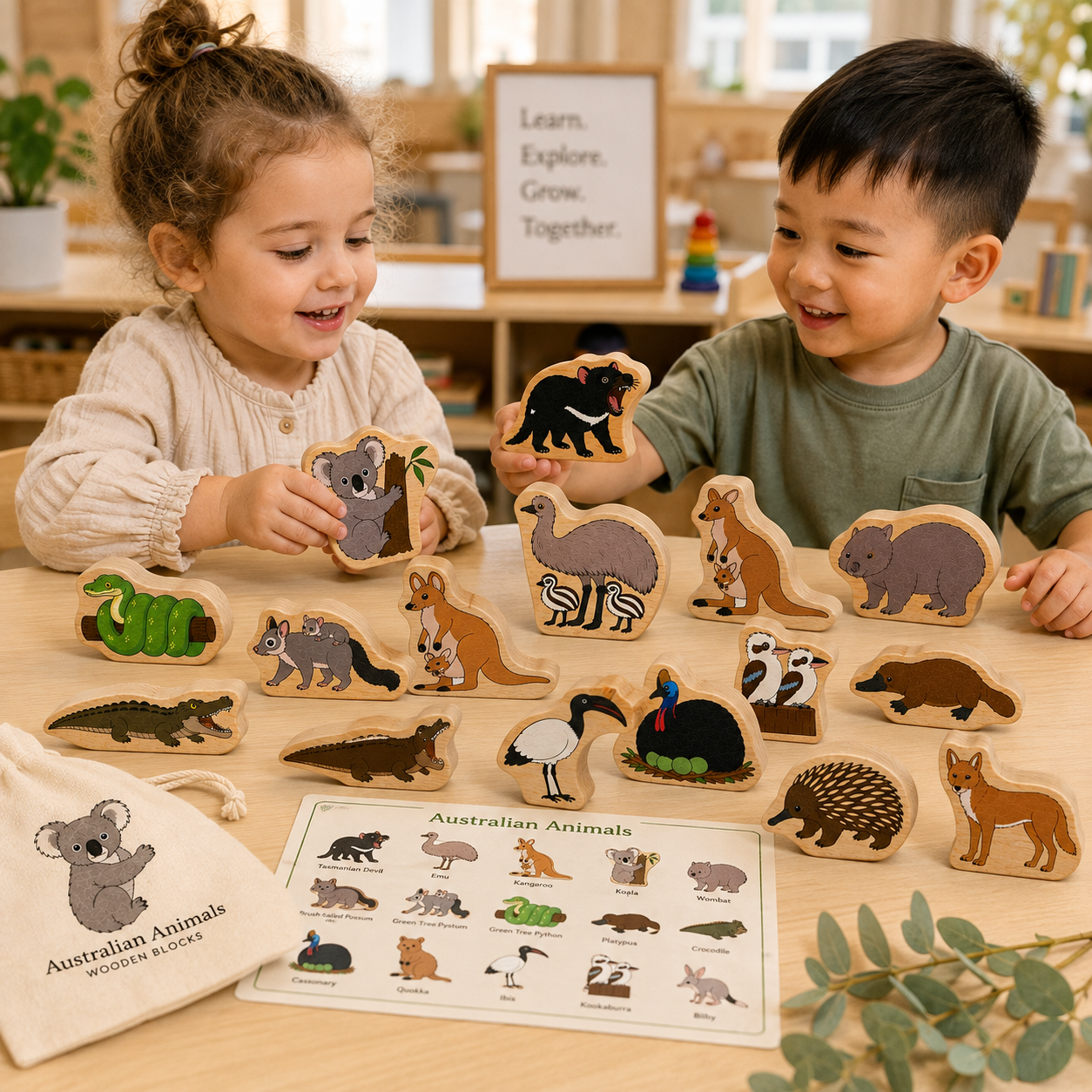 Australian Animal Wooden Blocks – Happy Gumnut Exclusive 16-Piece Set Kangaroo Koala platypus  Emu Childcare classroom Materials