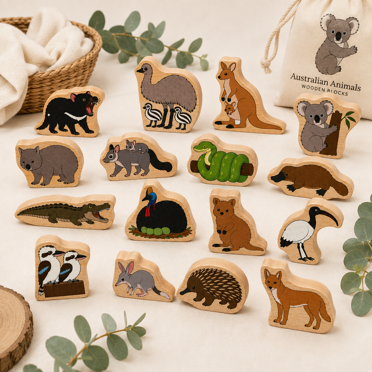 Australian Animal Wooden Blocks – Happy Gumnut Exclusive 16-Piece Set Kangaroo Koala platypus  Emu Childcare classroom Materials