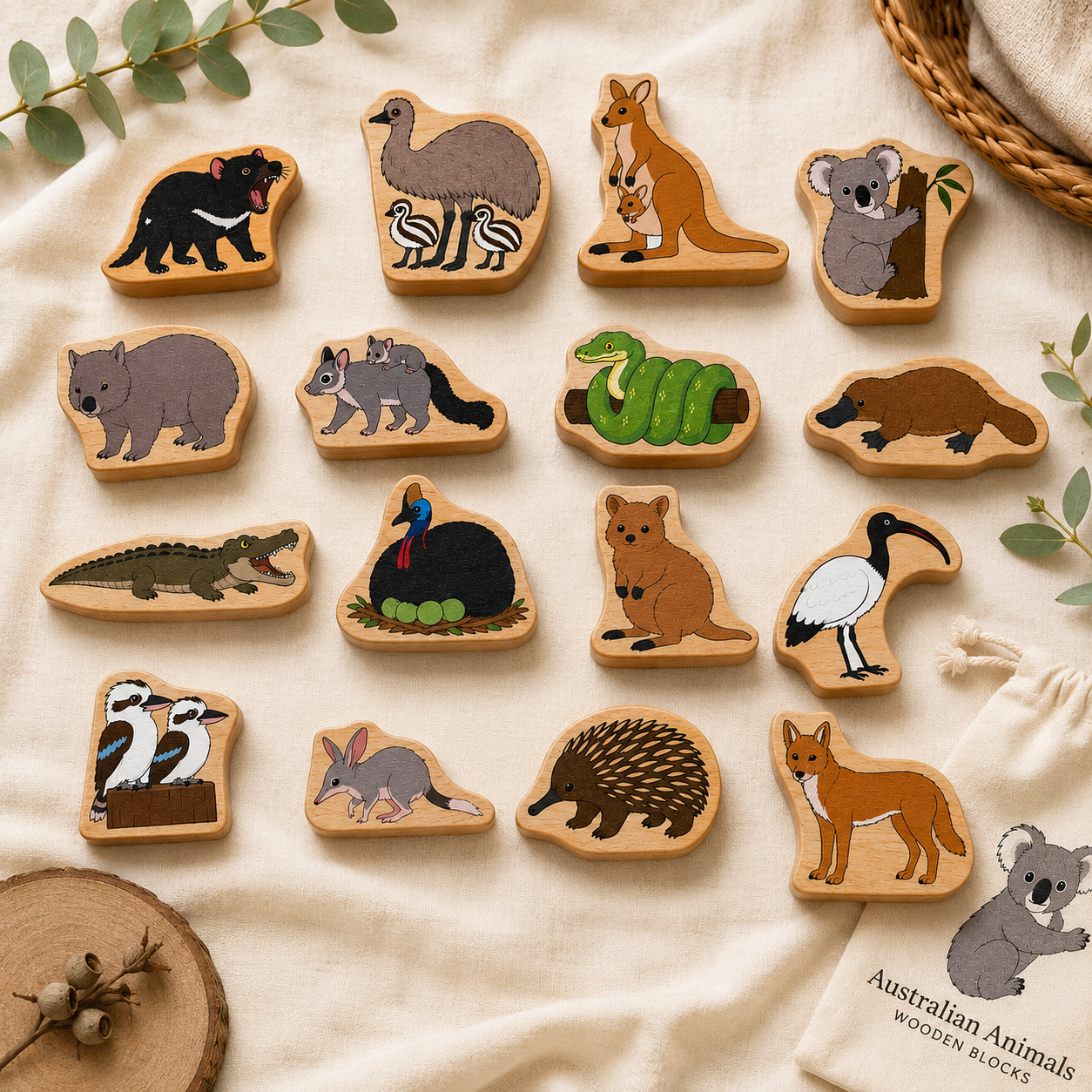 Australian Animal Wooden Blocks – Happy Gumnut Exclusive 16-Piece Set Kangaroo Koala platypus  Emu Childcare classroom Materials