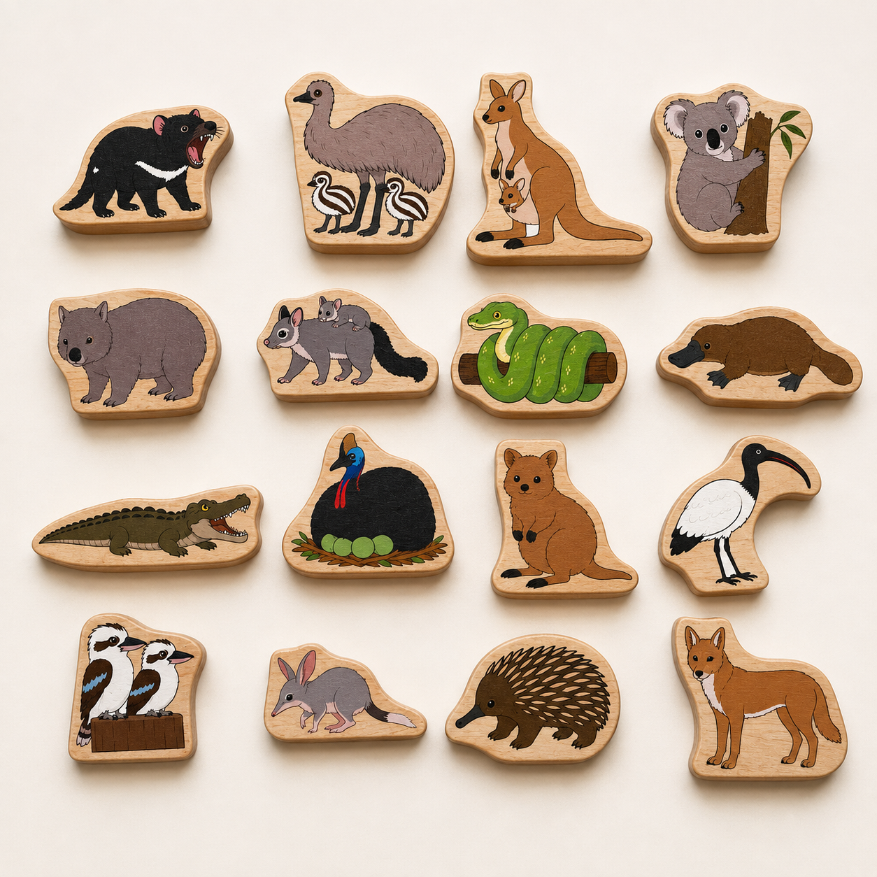 Australian Animal Wooden Blocks – Happy Gumnut Exclusive 16-Piece Set Kangaroo Koala platypus  Emu Childcare classroom Materials