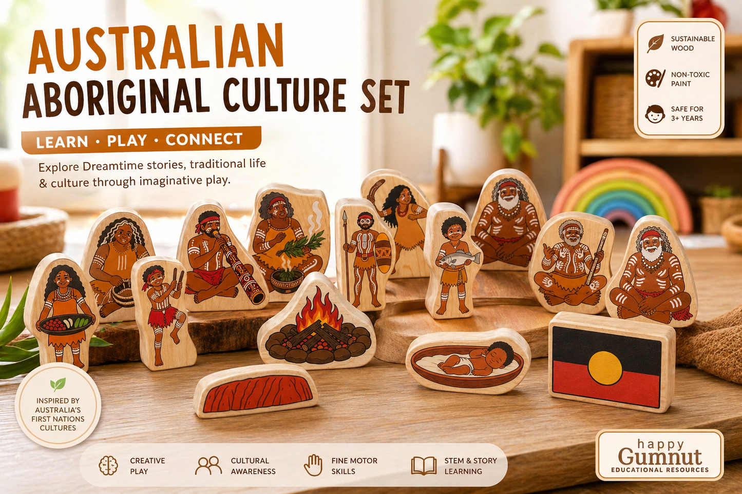 Australian Aboriginal Cultural Learning Blocks | 16 Piece Wooden Storytelling & Educational Set