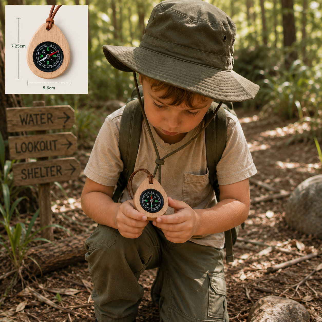 Premium Wooden Compass for Kids Camping Little Explorers Boy Scout Outback Tools - HAPPY GUMNUT