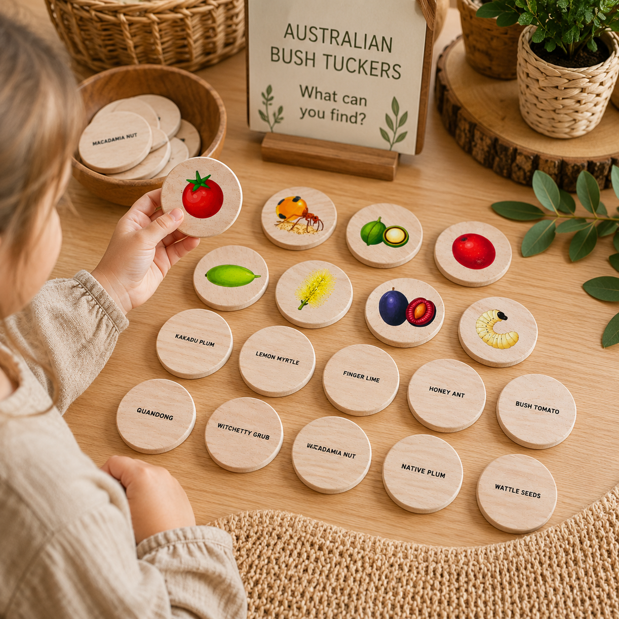 10 Pcs Australian Aboriginal NAIDOC Week Bush Tucker Food Wooden Learning Discs Childcare Materials - HAPPY GUMNUT