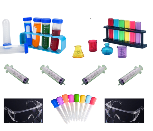 Children Fluro Rainbow Liquid Droppers Test Tubes Droppers syringes Beakers and Protection Googles Chemisty Bundle Set